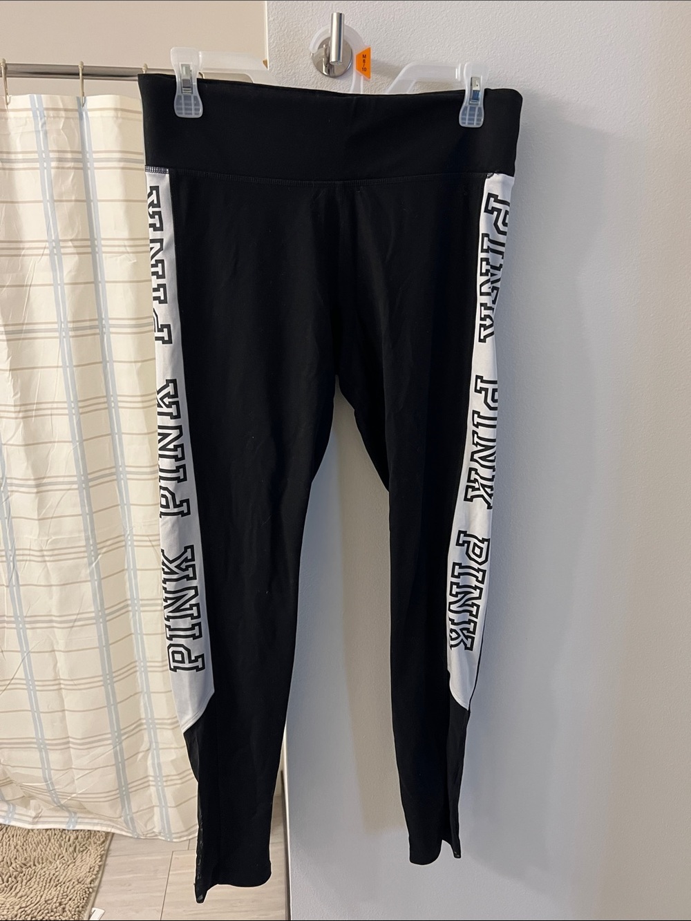 PINK Black Leggings with White Logo Stripe